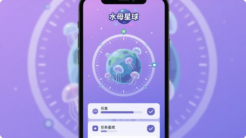画面展示一个手机屏幕界面,屏幕中央是一颗正在成长的水母星球,星球周围环绕着计时器圆环和任务列表。布局为手机竖屏展示,背景是柔和的渐变紫色。排版上“水母星球”Logo位于屏幕顶部。风格为扁平化UI设计,细节包括星球上的水母生物、进度条、任务勾选按钮。画质清晰,界面干净,无多余元素。