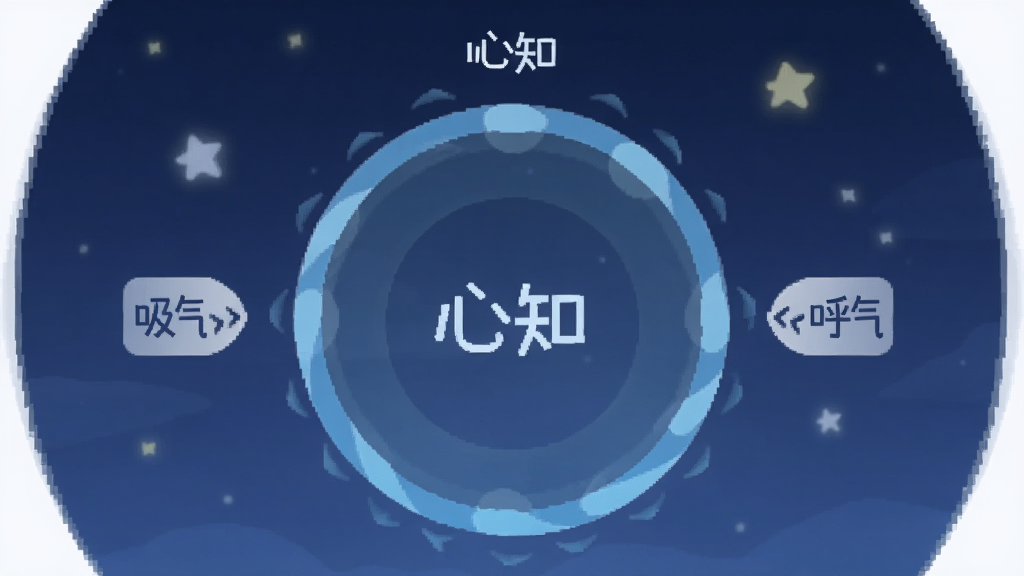 画面中心是一个圆形呼吸引导动画界面,显示“心知”应用中的呼吸练习模块,圆环随节奏放大缩小,周围有“吸气”“呼气”的文字提示,背景为深蓝色夜空和柔和星光,整体风格宁静舒缓,采用扁平插画风格,主体居中,画质高清,无杂乱元素
