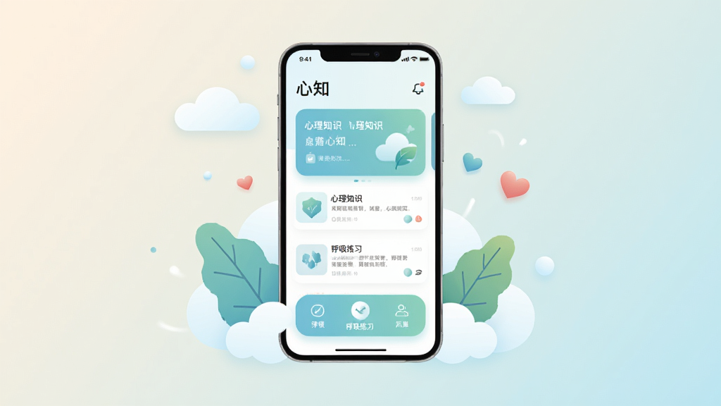 画面中央放置一部智能手机,手机屏幕显示“心知”应用主界面,界面中有柔和的蓝绿色调卡片、心理知识文章列表和呼吸练习入口,手机周围环绕着云朵、树叶、爱心等轻盈元素,背景为浅米色到淡蓝色的渐变,整体采用扁平化插画风格,细节干净清晰,排版居中对称,画质高清,无多余文字和杂乱元素