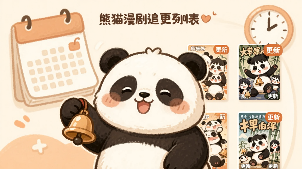 熊猫漫剧追更列表页面,画面中一只熊猫拿着小铃铛,旁边是竖排的漫画封面和“更新”角标,背景有日历和时钟元素,整体风格为温暖可爱的卡通插画,配色以米白和浅橙为主,画质清晰,无杂乱元素