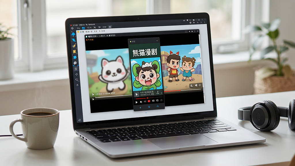 一台笔记本电脑屏幕上运行着安卓模拟器,模拟器窗口中显示“熊猫漫剧”的竖屏播放界面,电脑旁边放着一杯咖啡和一副耳机,桌面整洁,整体风格为写实风格的数码产品场景图,光线柔和,画质清晰,无多余杂物