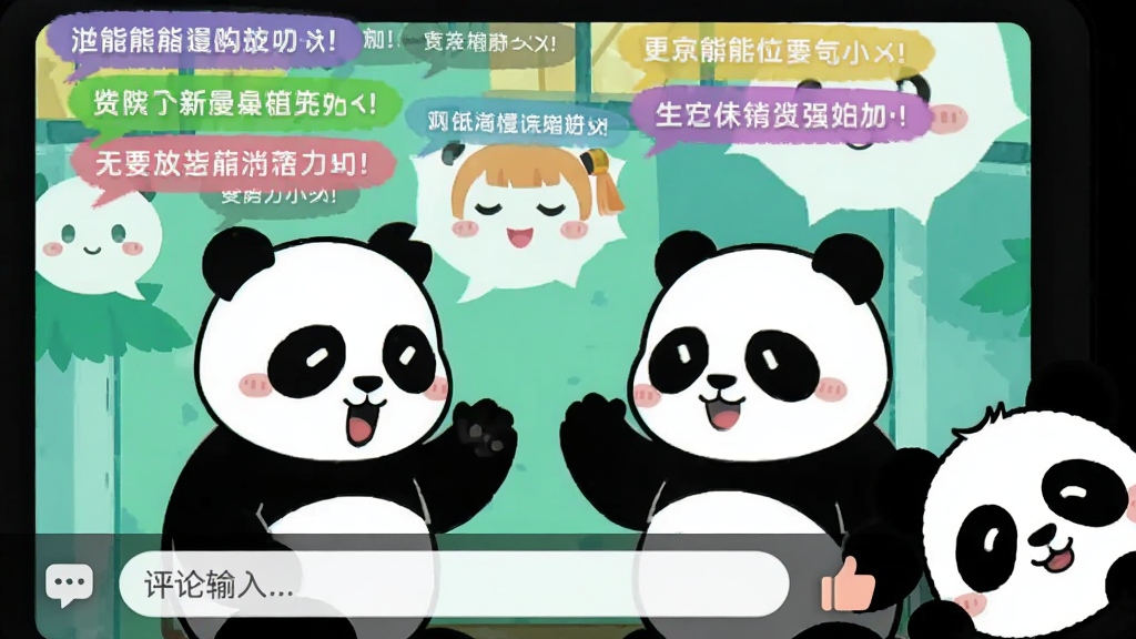 熊猫漫剧播放界面弹幕效果图,屏幕中漫画角色正在对话,画面上方飘过几条彩色弹幕文字,屏幕下方有评论输入框和点赞图标,一只熊猫从屏幕角落探出头来,整体风格为活泼的二次元扁平插画,配色鲜明,画质清晰干净