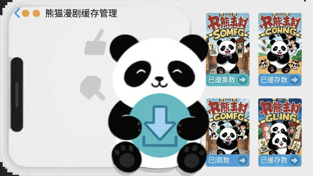 熊猫漫剧缓存管理界面,画面中有一只熊猫抱着下载箭头图标,旁边排列着几部漫画的封面缩略图和已缓存集数标签,背景是浅灰色手机界面风格,整体为扁平化UI插画,配色清爽,细节简洁,画质清晰