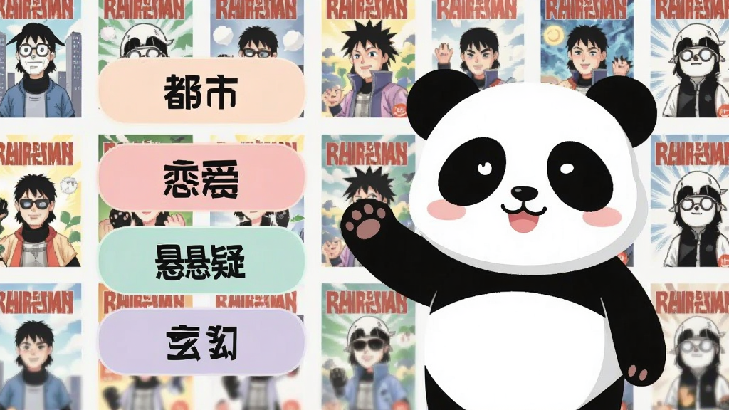 熊猫漫剧分类页面示意图,画面中有一个可爱的熊猫吉祥物站在分类标签旁边,标签上写着“都市”“恋爱”“悬疑”“玄幻”等字样,背景是整齐排列的漫画封面墙,整体风格为清新明快的矢量插画,配色柔和,布局清晰,画质干净无噪点