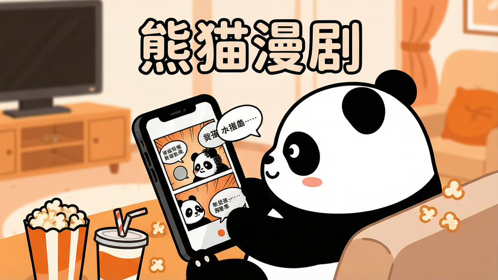 一只圆润可爱的卡通熊猫坐在沙发上看手机屏幕,手机屏幕里播放着漫画分镜与对白气泡,周围散落着爆米花和饮料杯,背景是温馨的客厅环境,画面中央上方用圆角字体写着“熊猫漫剧”四个字,整体风格为扁平化卡通插画,配色以黑、白、橙为主,细节干净利落,画质清晰,无多余杂乱元素