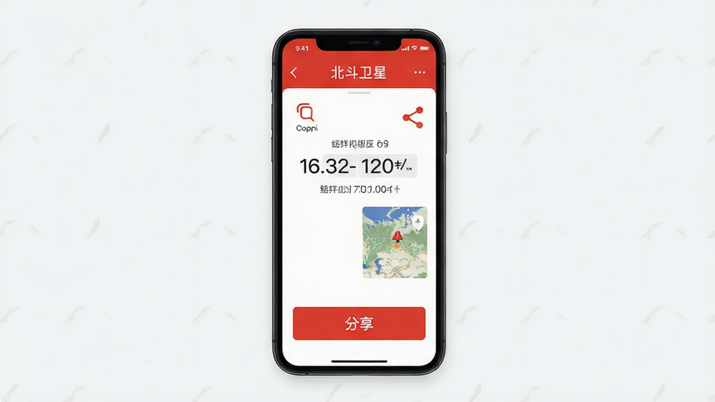 红色北斗卫星地图坐标分享功能界面,主体为手机屏幕显示经纬度坐标信息与分享按钮,布局为手机竖屏居中,背景为浅色简洁背景,排版清晰展示坐标数值与操作按钮,风格为简约工具类界面风格,细节包含复制按钮、分享图标、地图缩略预览,画质高清,干净,无多余元素