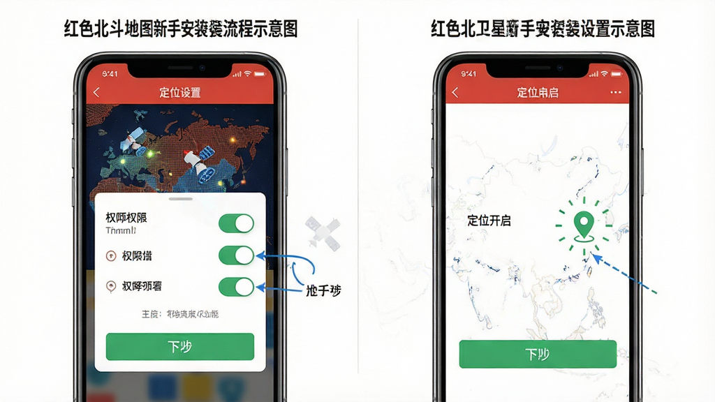 红色北斗卫星地图新手安装设置流程示意图,主体为手机屏幕展示权限设置与定位开启界面,布局为左右分栏展示两个操作步骤,背景为白色简洁背景,排版清晰标注每一步操作位置,风格为扁平化教程风格,细节包含权限开关、定位图标、下一步按钮,画质高清,干净,无多余元素
