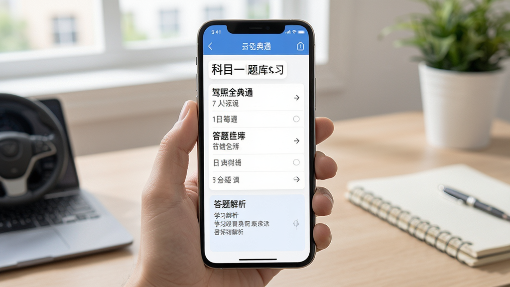 驾照全典通 科目一题库练习界面 手机屏幕展示 题目与选项清晰排列 答题解析区域 学习场景 现代扁平化设计 布局合理 细节精致 画质清晰 干净 无多余元素