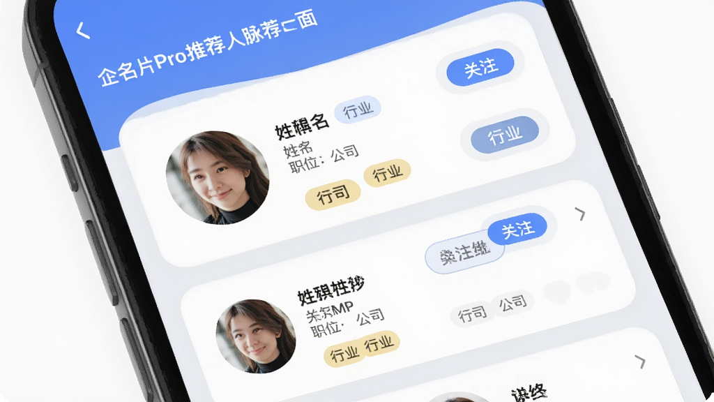 ����ƬPro�����Ƽ����棬����չʾ�ֻ���Ļ����Ļ����ʾ�û���Ƭ��Ƭ�б�������ͷ��������ְλ����˾������Ϊ����״���У����Ϊ�罻��App���Բ�Ƿ��ϸ�ڰ�����ע��ť����ҵ��ǩ�����ʸ��壬�ɾ����޶���Ԫ��