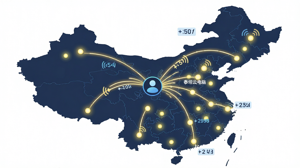 主体是一张中国地图上分布着多个发光节点,节点之间以弧形光线连接,布局为地图居中、节点均匀散开,排版上光线汇聚到中心用户图标,风格为扁平化科技信息图,细节包括“泰坦云电脑”字样、延迟数值标签、信号波纹,画质矢量高清、干净、无多余元素