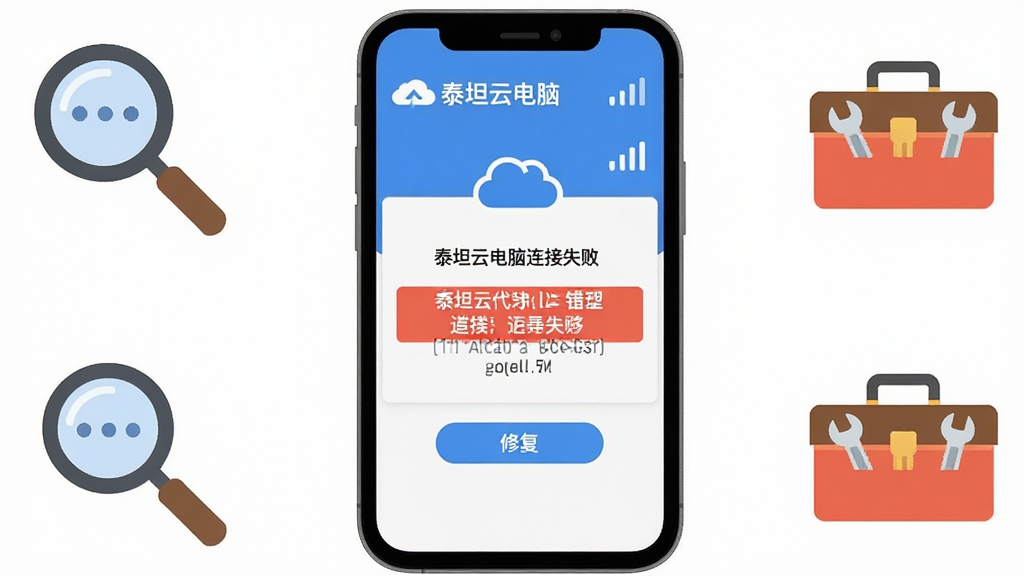 主体是手机屏幕显示泰坦云电脑连接失败错误提示界面,旁边有放大镜和工具箱图标,布局为手机居中、工具图标环绕,排版上错误代码用红色高亮,风格为扁平化故障排查示意图,细节包括“泰坦云电脑”logo、网络信号图标、修复按钮,画质高清、干净、无多余元素