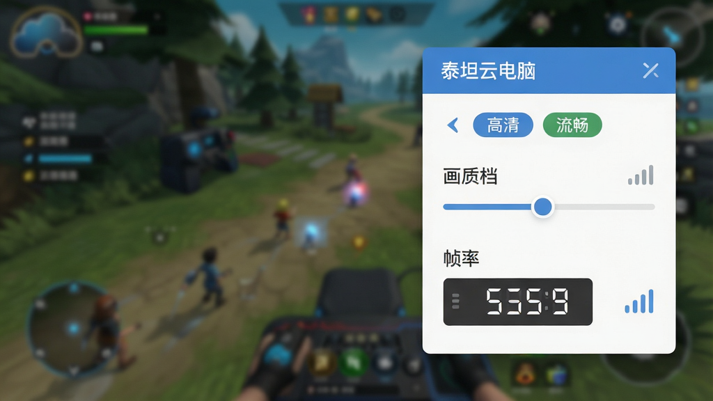 一张表现泰坦云电脑画质调节功能的示意图,画面主体是一个悬浮的设置面板,面板上有画质档位滑块与帧率数字显示,背景是模糊的游戏画面,布局为右侧面板加左侧背景,排版简洁,风格为扁平化UI风,细节包括“泰坦云电脑”设置标题、高清与流畅标签、信号强度图标,画质高清,干净,无多余元素