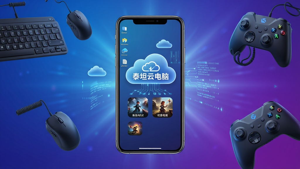 一张展示泰坦云电脑核心全貌的横版宣传图,画面中央是一部智能手机,屏幕内显示云端电脑桌面与游戏图标,背景是科技感蓝紫色渐变光效,四周环绕悬浮的键盘鼠标与手柄元素,主体突出,布局居中对称,排版干净利落,风格为现代科技数码风,细节包括屏幕内“泰坦云电脑”字样、云朵与数据流装饰,画质高清,干净,无多余元素
