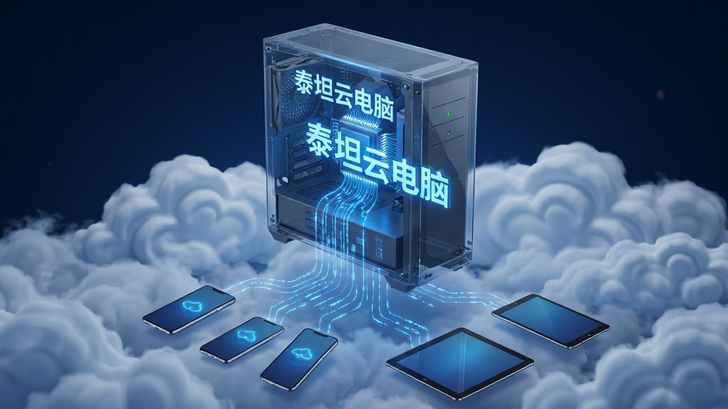 一张表现泰坦云电脑云端算力调度概念的竖版插图,画面主体是一台悬浮在云层之上的透明电脑主机,主机内部有发光芯片与数据流,下方连接多部手机与平板,布局为上下结构,排版层次分明,风格为未来科技感,细节包括“泰坦云电脑”发光文字、蓝色数据光线、云朵纹理,画质高清,干净,无多余元素