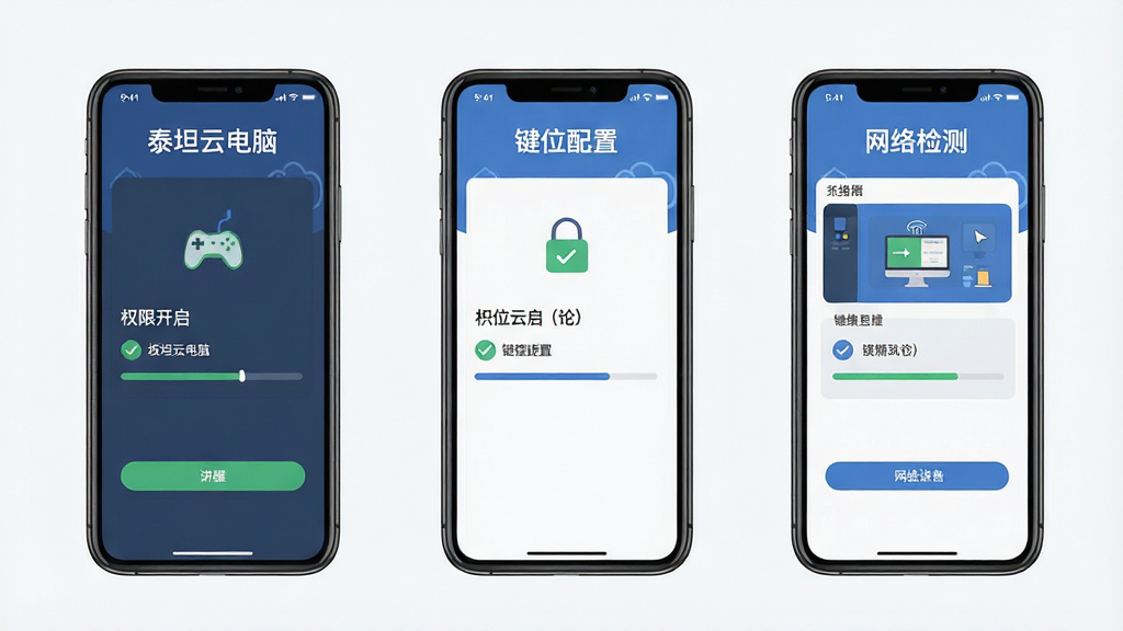 一张展示泰坦云电脑新手设置流程的步骤图,画面分为三个并排的手机屏幕,分别显示权限开启、键位配置和网络检测界面,布局为横向排列,排版整齐,风格为扁平化教程风,细节包括“泰坦云电脑”标题、勾选标记、进度条,画质高清,干净,无多余元素