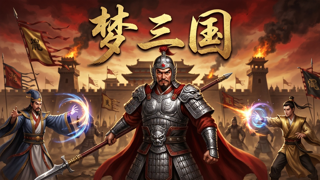 画面中央展示一位身披银甲的三国武将手持长枪威风凛凛,背景为古代战场城池与烽火台,左右两侧分别有法师与辅助角色施展技能特效,整体采用国风写实画风,色调以红金黑为主,画面中上方用金色毛笔字体书写“梦三国”三个大字,排版居中对称,风格大气磅礴,细节包括铠甲纹理、技能光效、飘动的战旗,画质高清,干净,无多余元素