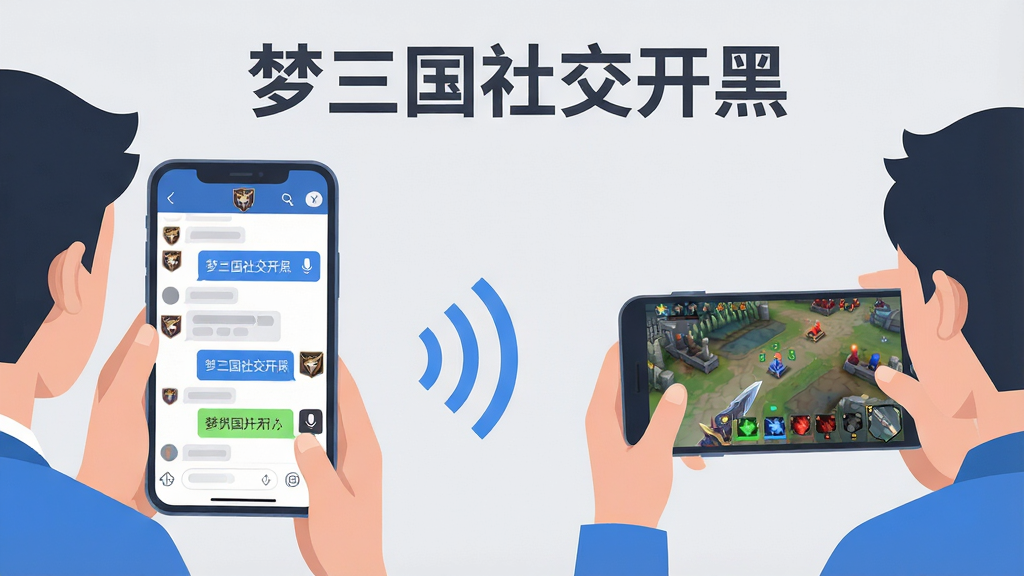 画面中展示两位玩家通过手机屏幕进行语音开黑,左侧手机屏幕显示战队聊天界面,右侧手机屏幕显示游戏对战画面,两人之间用蓝色声波图标连接,背景为简洁的浅灰色,顶部用深灰色字体书写“梦三国社交开黑”,整体采用扁平化插画风格,色调以蓝白灰为主,细节包括聊天气泡、麦克风图标、战队徽章,画质高清,干净,无多余元素