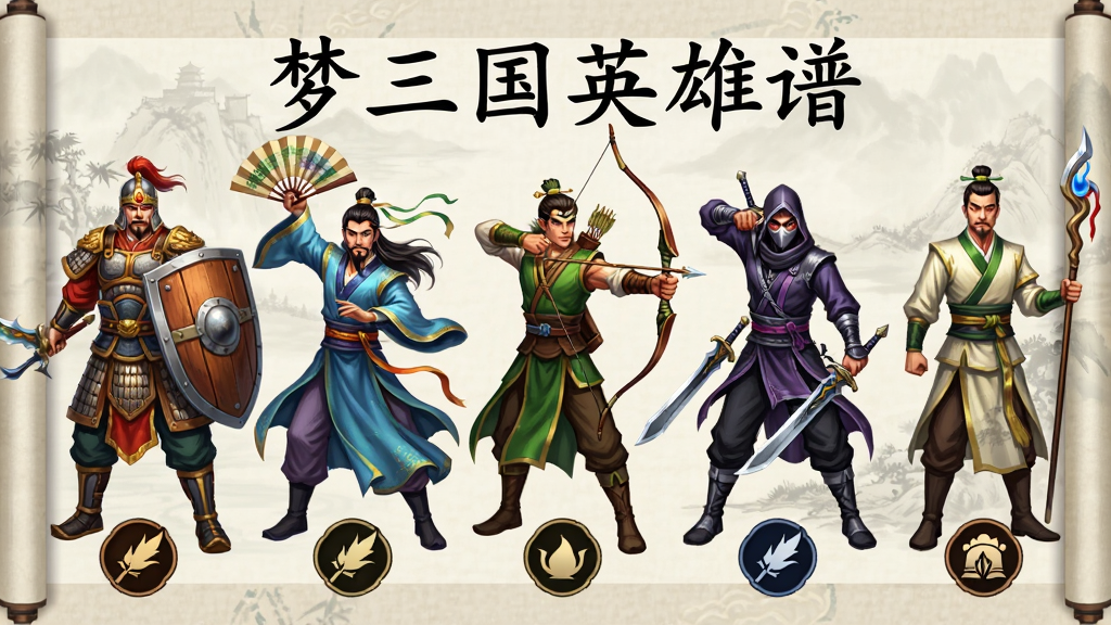 画面中展示五位不同职业的三国英雄并排站立,从左到右依次为持盾战士、舞扇法师、弯弓射手、双剑刺客与持杖辅助,每位角色脚下有对应职业图标,背景为淡雅的卷轴纹理,顶部用黑色楷体书写“梦三国英雄谱”,整体采用国风插画风格,色彩鲜明,细节包括服饰纹样、武器光泽、职业图标,画质高清,干净,无多余元素