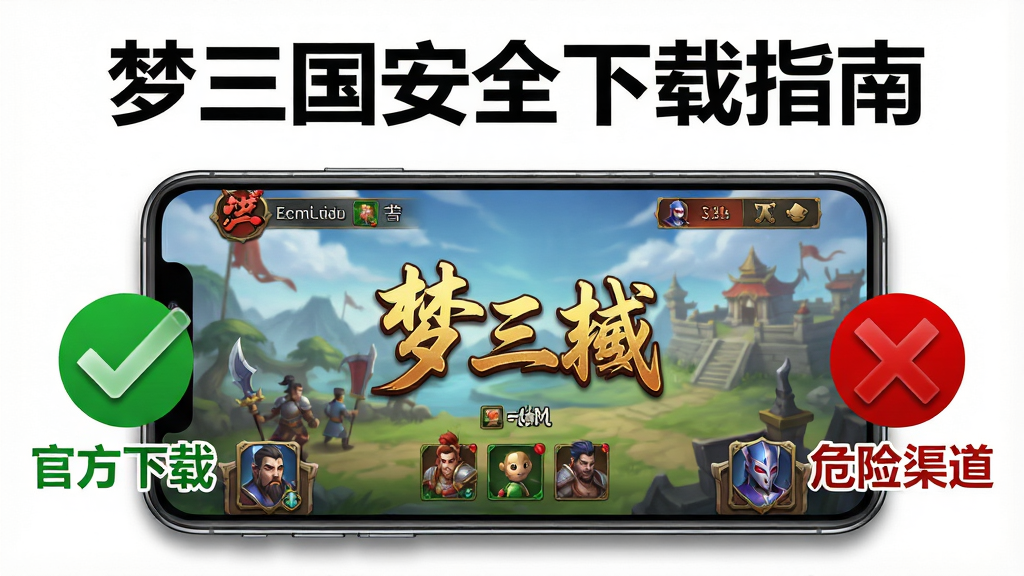 画面展示一部智能手机屏幕显示梦三国游戏主界面,屏幕周围有绿色对勾图标标注“官方下载”与红色叉号图标标注“危险渠道”,背景为简洁的白色,顶部用黑色字体书写“梦三国安全下载指南”,整体采用信息图表风格,色调以绿红白为主,细节包括手机边框、图标阴影、文字标注,画质高清,干净,无多余元素