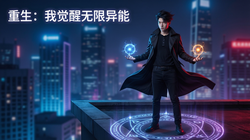 画面中央一位身穿黑色风衣的年轻男子站在现代都市天台边缘,身后是霓虹闪烁的摩天大楼夜景,双手掌心各自悬浮着不同颜色的能量光球,脚下地面浮现出环形异能纹路,画面左上角用白色发光字体写着“重生:我觉醒无限异能”,整体采用暗黑都市幻想风格,冷蓝与紫红双色光影交织,人物衣摆随风扬起,背景虚化处理突出主体,画面干净整洁,4K高清画质,无多余装饰元素