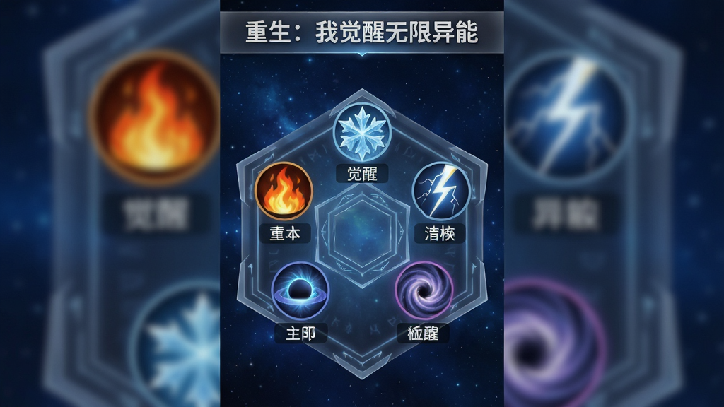 竖版手机游戏界面截图风格,画面中央是一个六边形异能觉醒法阵,法阵内漂浮着火焰、冰霜、雷电、空间漩涡等不同属性的能量图标,每个图标下方带有简短的中文技能名称标签,背景是深蓝色星空纹理,UI采用半透明磨砂玻璃质感,界面顶部居中位置显示“重生:我觉醒无限异能”游戏标题,整体色调神秘深邃,画面干净无杂乱按钮,高清渲染画质