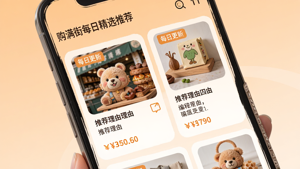������ÿ�վ�ѡ�Ƽ�ҳ�棬�ֻ���Ļչʾר���Ƽ����棬ҳ����������Ʒ�Ƽ�ģ�飬ÿ��ģ������Ʒ��ͼ���Ƽ��������ֺͼ۸���Ϣ������Ϊǳ��ɫ���䣬�Ű���ÿ�Ƭʽ���֣������ܰ����ϸ�ڰ���ÿ�ո��±�ǩ�ͱ༭�Ƽ���ʶ�����ʸ���ɾ����޶���װ��