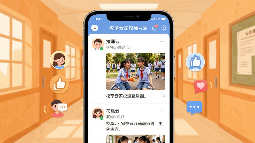 У���Ƽ�Уͨ�༶Ȧ�������棬��������Ϊ�ֻ���Ļ��ʾ�༶Ȧ��̬�б�����̬�а���ѧ�����Ƭ�ͽ�ʦ�������֣���Ļ�����мҳ����������۵�Сͼ�꣬����Ϊ��ů��ɫ����У԰���Ȳ廭���������½ṹ�����������ܰ�׺ͣ�ϸ����ͷ��Բ���������������ʸɾ��������޶���Ԫ��