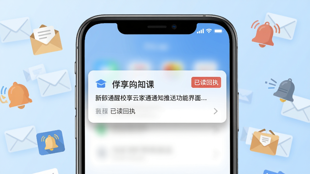 У���Ƽ�У֪ͨͨ���͹��ܽ��棬����չʾһ���ֻ���Ļ�ڵ�����֪ͨ���ѣ�֪ͨ��Ƭ����ʾѧУ�����롰�Ѷ���ִ����ǣ��ֻ���Χ�����ŷ⡢�����ȱ�ƽ��ͼ���ʾ��Ϣ���ݣ�����Ϊǳ��ɫ���䣬���ּ����У�����ִ��Ƽ��У�ϸ����֪ͨ��Ƭ������΢��Ӱ�����ʸɾ��������޶���Ԫ��