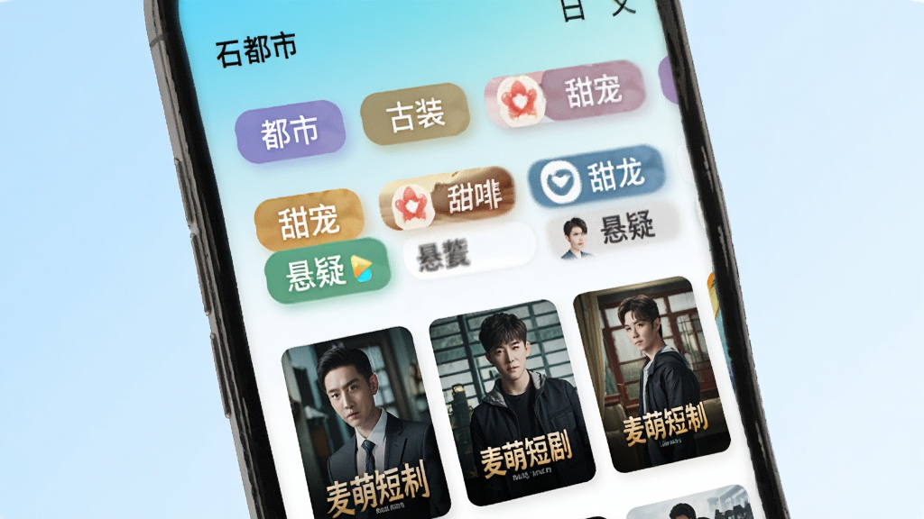 一个手机屏幕展示麦萌短剧App的分类页面,页面上排列着都市、古装、甜宠、悬疑等多个彩色分类标签,每个标签下方有对应的剧集封面缩略图,背景为浅蓝色渐变,界面干净整洁,风格现代简约,画质高清,无多余装饰元素