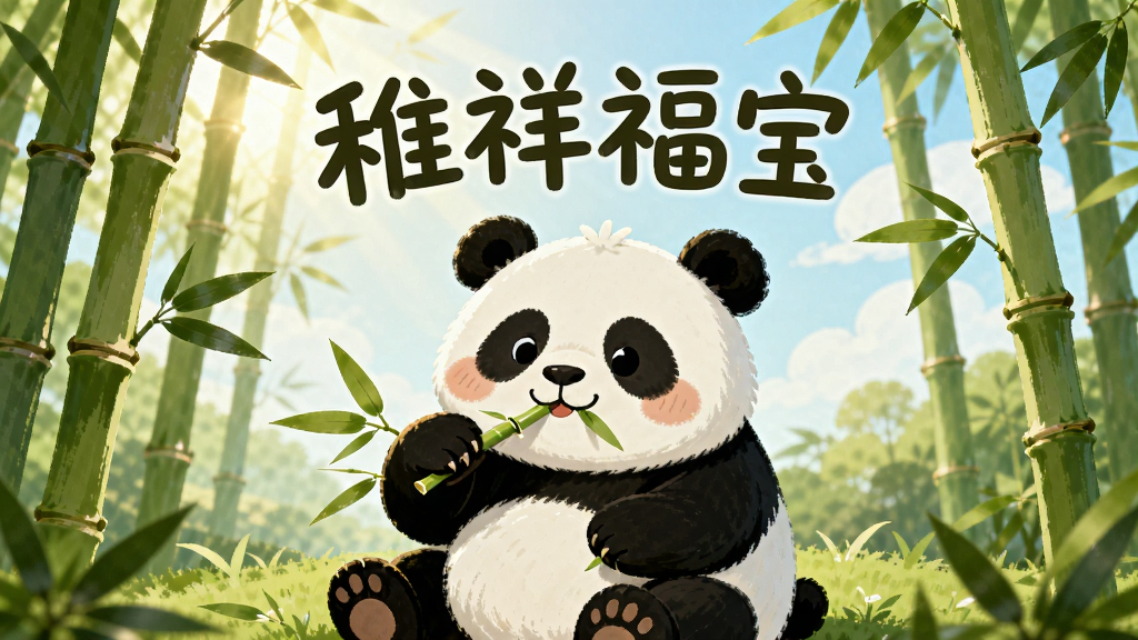 一只可爱的大熊猫坐在竹林里吃竹子,周围有柔和的阳光,画面中央上方有“稚祥福宝”四个字,布局为居中构图,排版简洁,风格为卡通手绘,细节包括竹叶、草地、蓝天,画质高清,干净,无多余元素