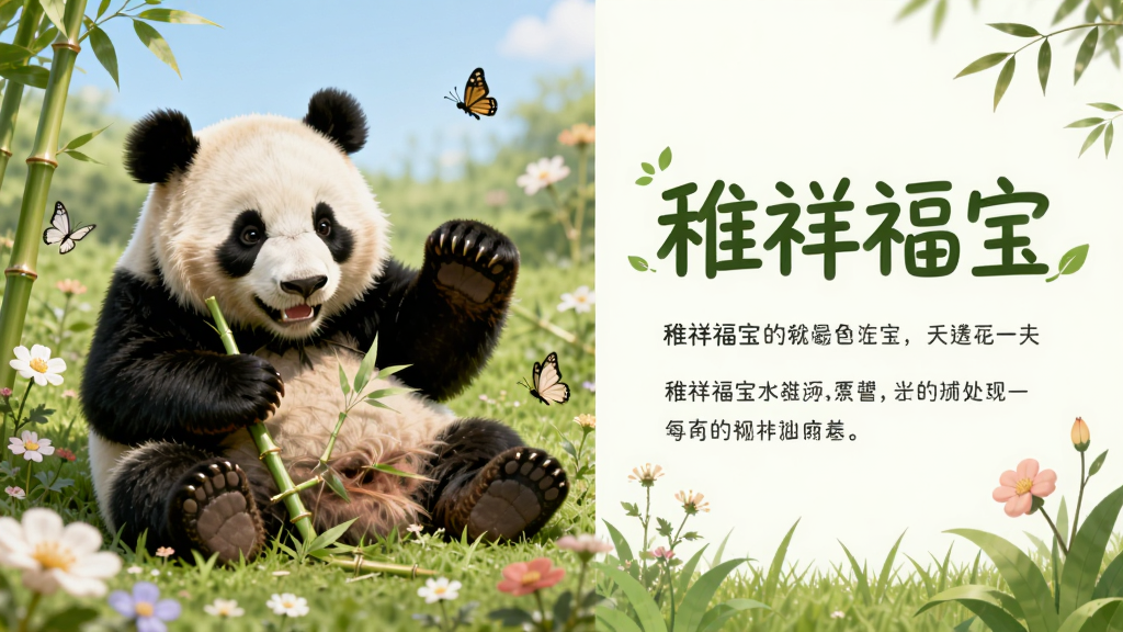 一只大熊猫在草地上玩耍,旁边有“稚祥福宝”文字,布局为左右分栏,左侧是大熊猫图片,右侧是文字介绍,风格为清新自然,细节包括花朵、蝴蝶、绿草,画质高清,干净,无多余元素