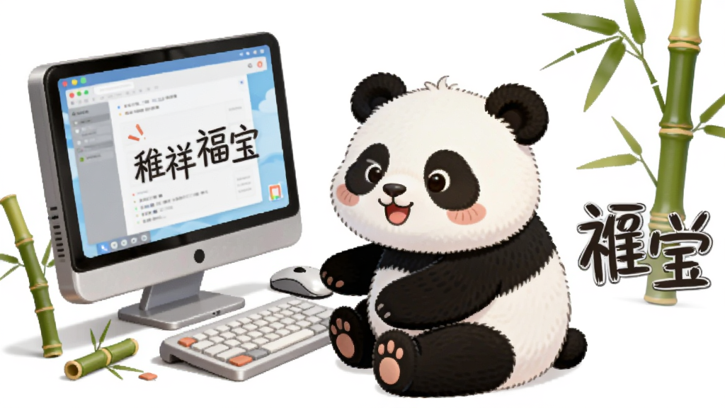一只大熊猫坐在电脑前,旁边有“稚祥福宝”文字,布局为居中构图,排版简洁,风格为卡通插画,细节包括电脑、键盘、鼠标、竹子,画质高清,干净,无多余元素