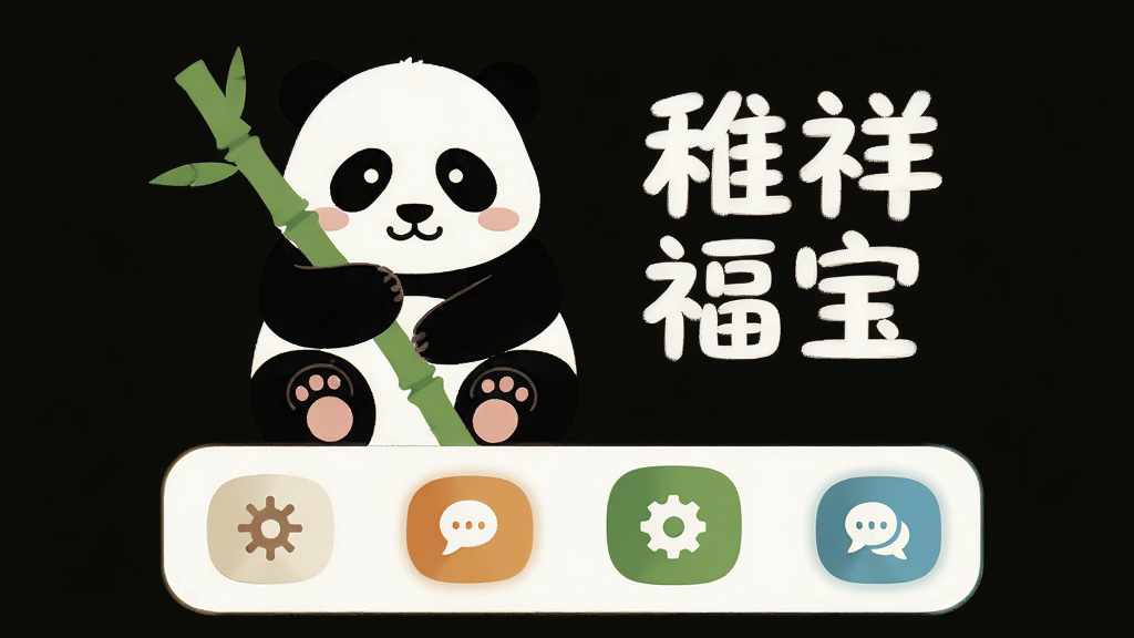 一只大熊猫抱着竹子,旁边有“稚祥福宝”字样,布局为上下结构,上方是大熊猫图片,下方是功能图标,风格为简约扁平,细节包括图标、按钮、背景色块,画质高清,干净,无多余元素