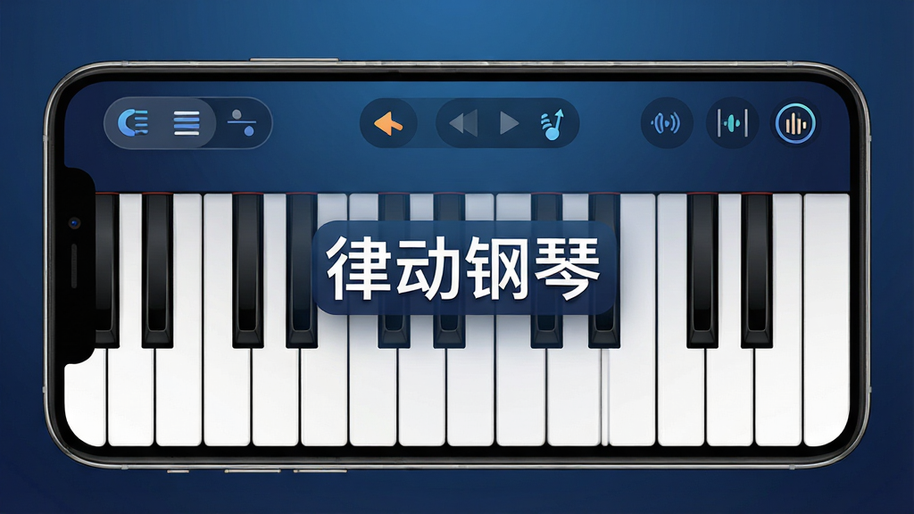 律动钢琴软件主界面展示,一部智能手机横屏显示钢琴键盘,黑白琴键排列整齐,屏幕上方有音色切换按钮和节拍器图标,背景为柔和的深蓝色渐变,画面中央有“律动钢琴”文字标识,整体风格简洁现代,细节清晰,高画质,干净,无多余元素