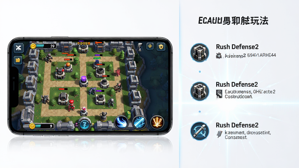 整体展示Rush Defense2游戏主界面与对战场景,主体为手机屏幕中呈现的塔防地图和防御单位,布局采用左右分栏,左侧为游戏界面截图,右侧为特色玩法标注,排版简洁清晰,风格为现代科技感游戏宣传图,细节包括防御塔、敌人路径、资源数值、技能按钮,画质高清,干净,无多余元素