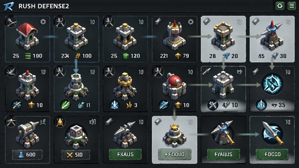 Rush Defense2游戏内兵种选择界面与升级树展示,主体为多种防御塔图标和升级路径,布局采用网格排列,排版整齐,风格为游戏UI界面风格,细节包括单位属性数值、技能图标、升级按钮,画质高清,干净,无多余元素