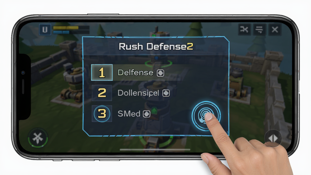 Rush Defense2新手教程界面与防御塔放置操作演示,主体为手机屏幕中显示的游戏教程弹窗和触控操作,布局采用居中构图,排版简洁,风格为游戏教学截图风格,细节包括手指触控图标、高亮提示框、步骤编号,画质高清,干净,无多余元素