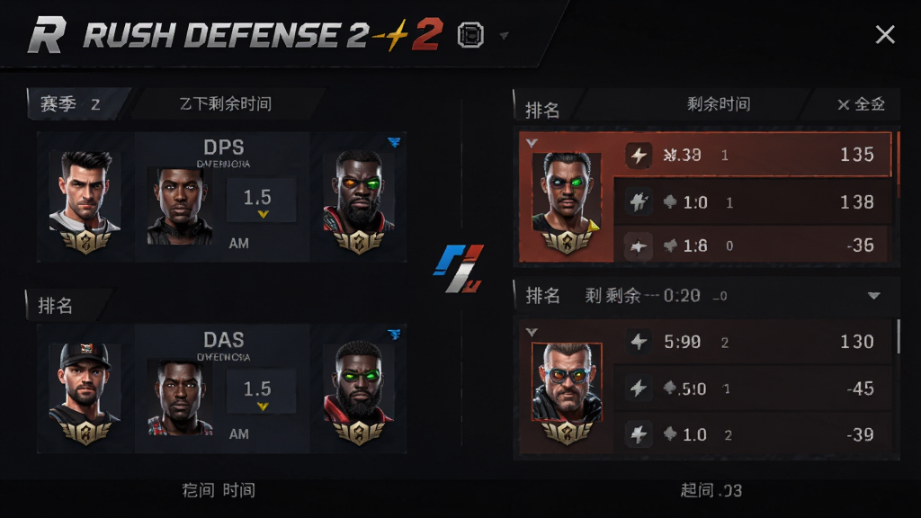 Rush Defense2多人对战匹配界面与赛季排行榜展示,主体为对战双方阵容和排名列表,布局采用上下结构,排版清晰,风格为竞技游戏界面风格,细节包括玩家头像、段位图标、赛季剩余时间,画质高清,干净,无多余元素