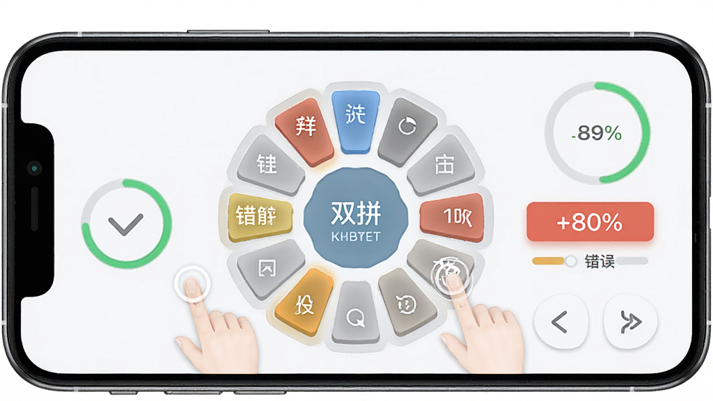 一张展示双拼训练通键位记忆闯关功能的界面截图,主体为手机屏幕内显示双拼键位分布图,布局采用中心辐射式键位排列,排版突出高亮按键与错误提示,风格为清爽学习工具风,细节包含手指点击动画、正确率百分比、关卡进度圆环,画质清晰干净无多余装饰
