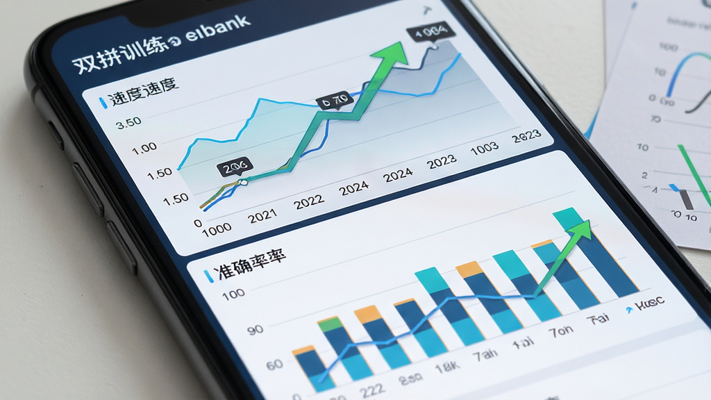 一张展示双拼训练通数据统计页面的图片,主体为手机屏幕内显示折线图与柱状图组合,布局采用上方速度折线下方准确率柱状,排版清晰对比明显,风格为数据仪表盘风,细节包含日期轴、数值标签、上升趋势箭头,画质高清干净无多余元素