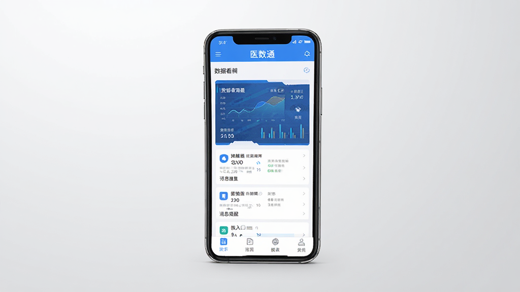 医数通软件主界面展示,居中放置一部智能手机,屏幕内显示医数通应用首页,包含数据看板、消息提醒、报表入口等模块,界面采用蓝白配色,风格简洁专业,背景为浅灰色渐变,画质清晰,干净无多余元素