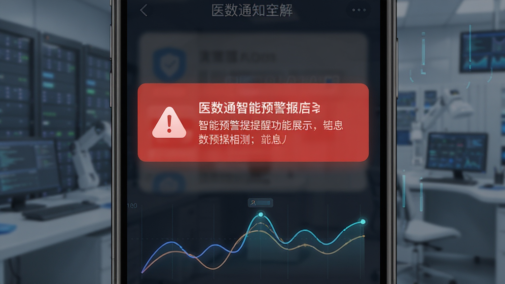 医数通智能预警提醒功能展示,手机屏幕内弹出红色预警通知卡片,卡片上带有感叹号图标和文字信息,背景为深色半透明遮罩,手机下方有数据波动曲线作为装饰,风格科技感,画质清晰,干净无多余元素
