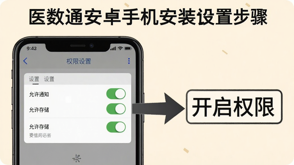 医数通安卓手机安装设置步骤示意图,画面中展示一部手机,屏幕内显示权限设置界面,有允许通知、允许存储等开关按钮,手机旁边有箭头指向“开启权限”文字标签,背景为浅色,风格教程类,画质清晰,干净无多余元素