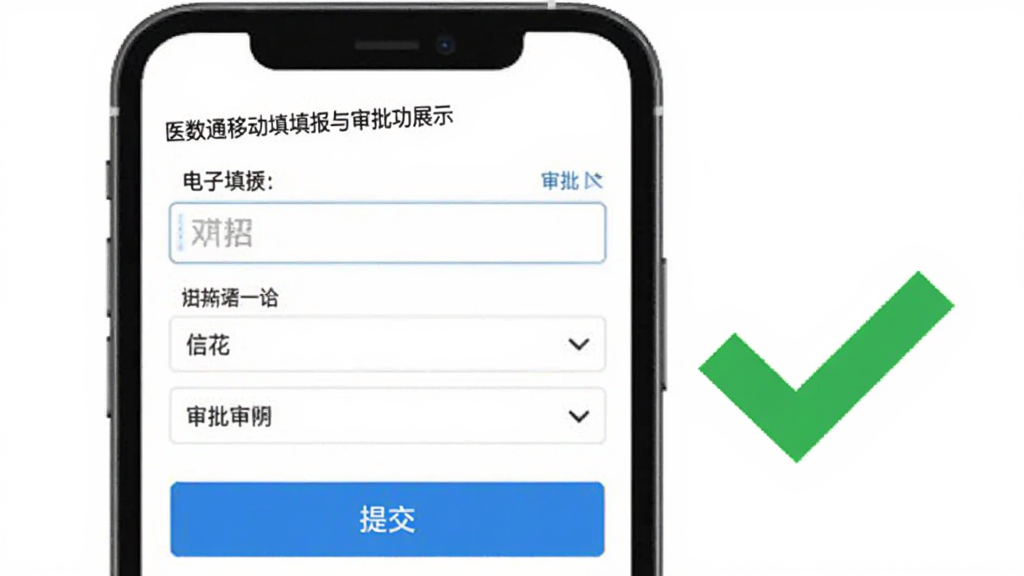 医数通移动填报与审批功能展示,手机屏幕内显示一张电子表单,表单中有输入框和下拉选项,下方有提交按钮,手机旁边有一个绿色对勾图标表示审批通过,背景为白色,风格简洁,画质清晰,干净无多余元素