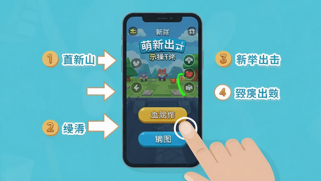 萌新出击新手操作示意图,画面展示手机屏幕中游戏主界面与引导箭头,主体为手机与手指点击动作,布局居中,风格为扁平化教学插图,细节包含按钮高亮、文字标注和步骤序号,画质清晰干净,无多余元素