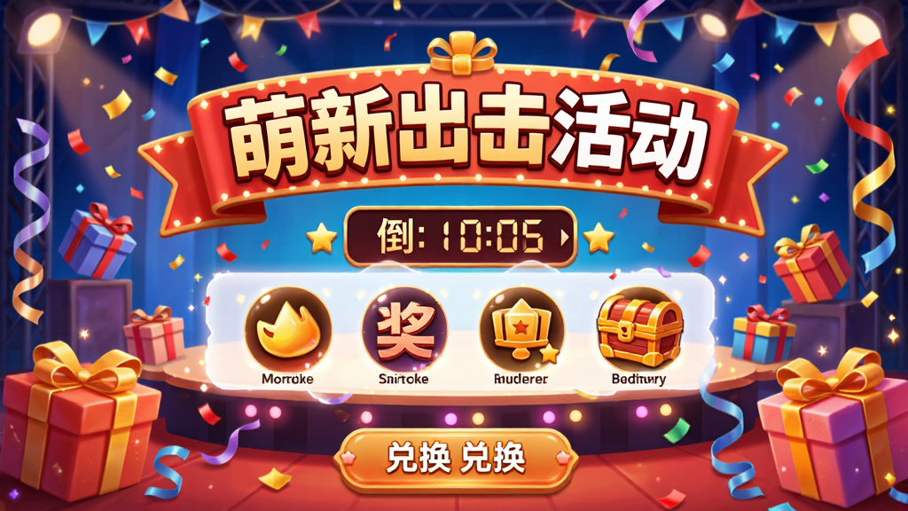 萌新出击活动页面概念图,画面中央是节日主题的舞台,周围飘落彩带与礼物盒,主体为活动标题横幅与奖励图标,布局上下结构,风格为庆祝喜庆风,细节包含倒计时、宝箱和兑换按钮,画质鲜艳干净,无多余元素