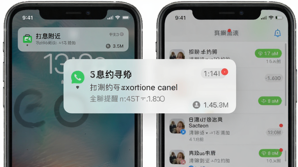 中年寻约附近聊消息提醒界面展示,手机锁屏通知与聊天列表并列,主体为通知弹窗,布局上下结构,排版上方通知下方消息列表,风格现代简约,细节包含未读红点与时间戳,画质高清干净无多余元素