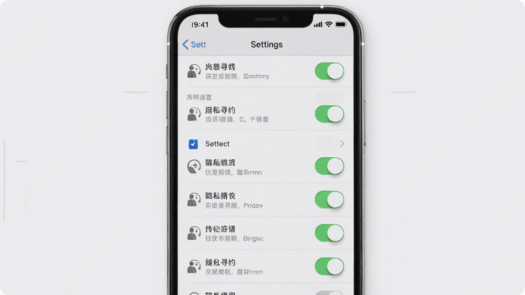 中年寻约附近聊隐私设置页面展示,手机屏幕显示多个开关选项,主体为设置列表,布局纵向排列,排版左侧文字右侧开关,风格浅灰质感,细节包含隐私图标与说明文字,画质高清干净无多余元素