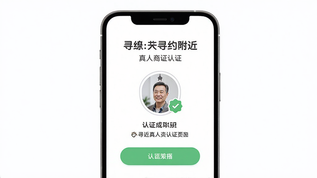 中年寻约附近聊真人认证页面展示,手机屏幕中央显示认证徽章与用户头像,主体为认证成功界面,布局居中对称,排版上方标题下方按钮,风格柔和圆角,细节包含绿色认证标识与文字说明,画质高清干净无多余元素
