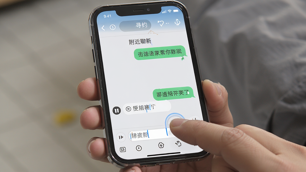 中年寻约附近聊移动端操作界面截图,手机屏幕显示聊天窗口与附近列表切换,主体为手持手机场景,布局上下分屏,排版上方状态栏下方输入框,风格写实生活化,细节包含手指点击动作与消息气泡,画质高清干净无多余元素